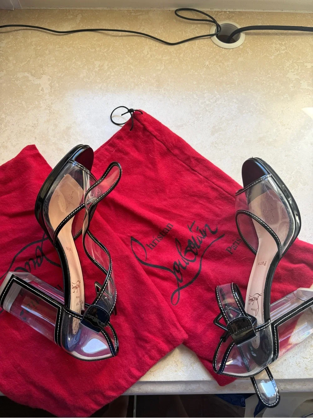 Christian Louboutin Black Patent and Clear Strappy Block Heel Sandals